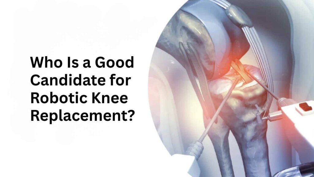 Robotic knee replacement surgery illustration showing robotic arm assisting knee joint procedure