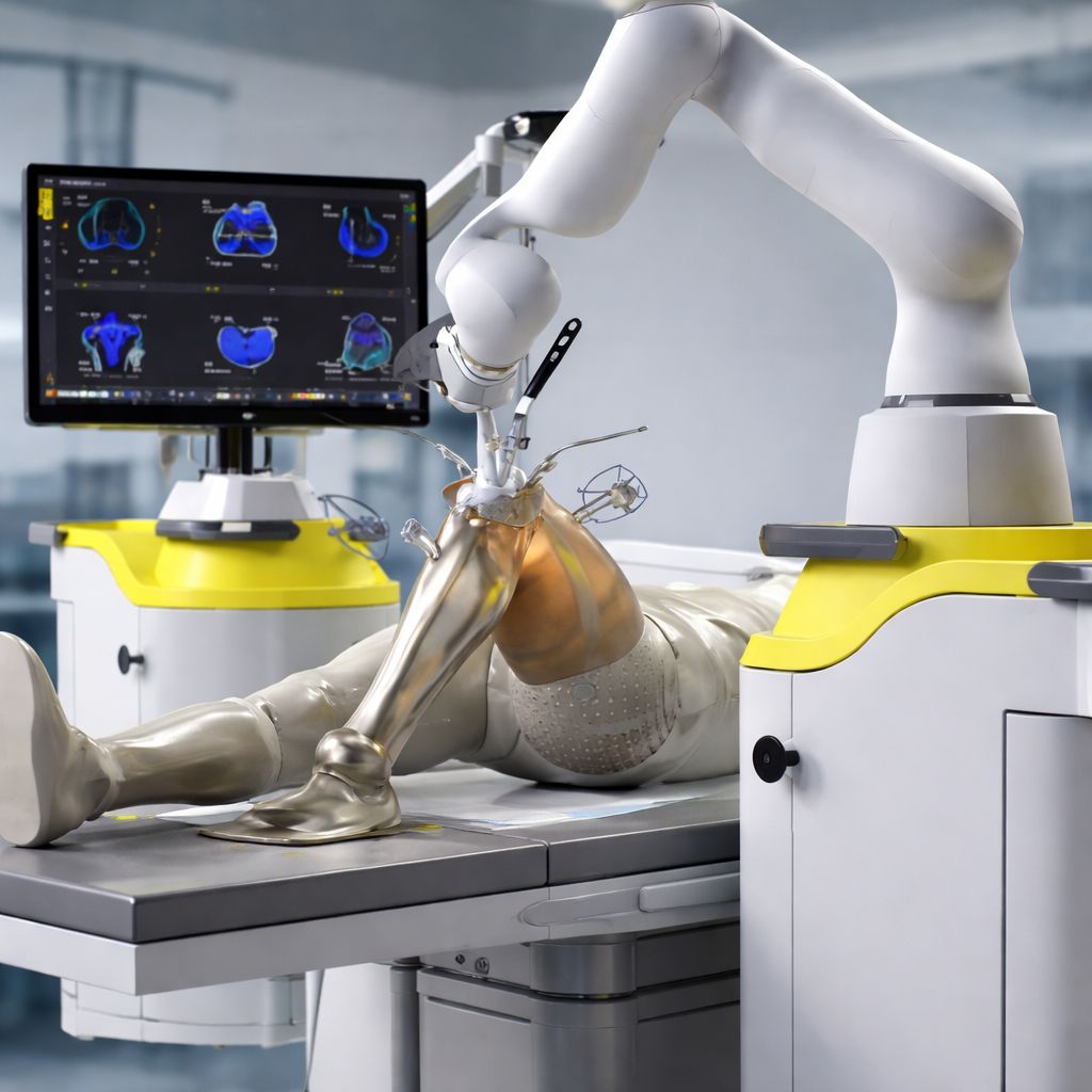Robotic knee replacement surgery procedure illustration