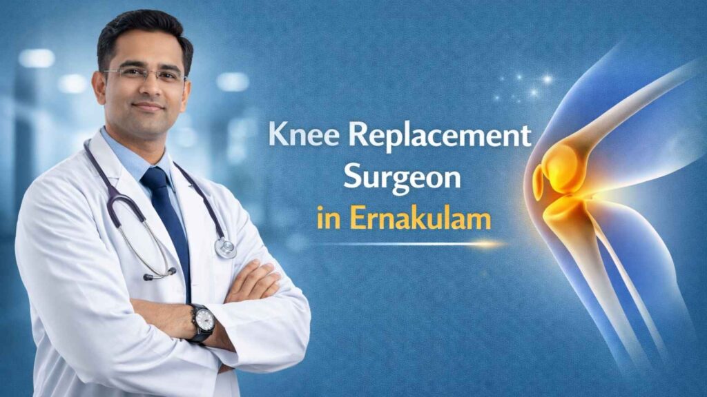 Knee replacement surgeon in Ernakulam with knee joint medical illustration showing knee replacement treatment