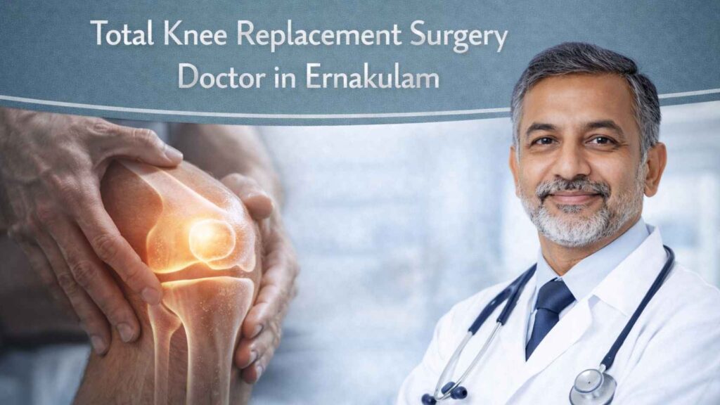 Total knee replacement surgery doctor in Ernakulam with knee joint medical illustration showing knee pain treatment