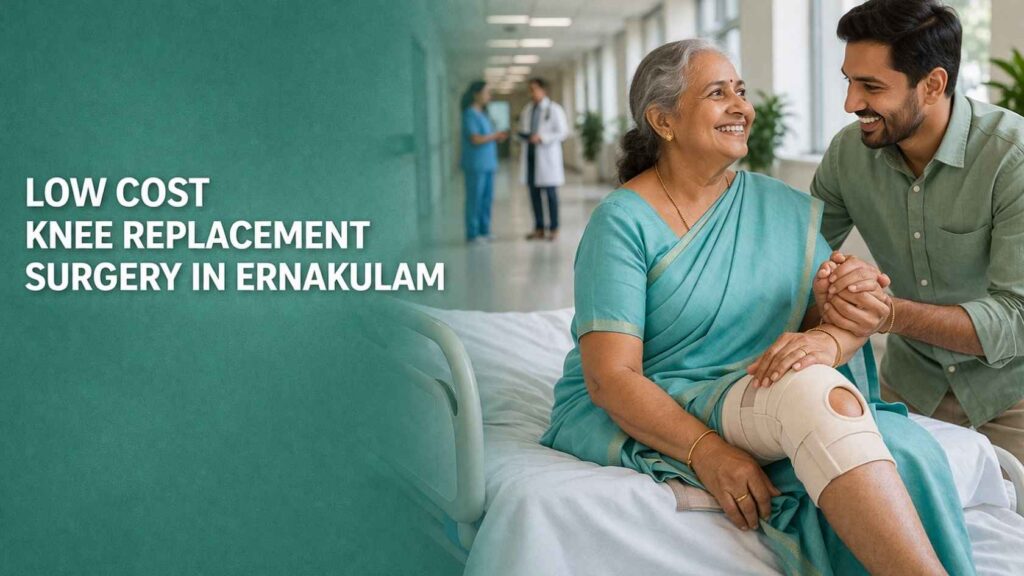 Elderly woman recovering after knee replacement surgery with support in Ernakulam hospital