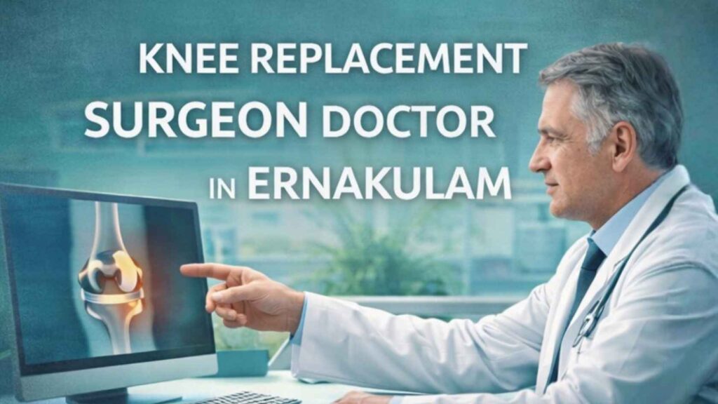 Knee replacement surgeon doctor in Ernakulam explaining knee joint replacement using a digital medical display.