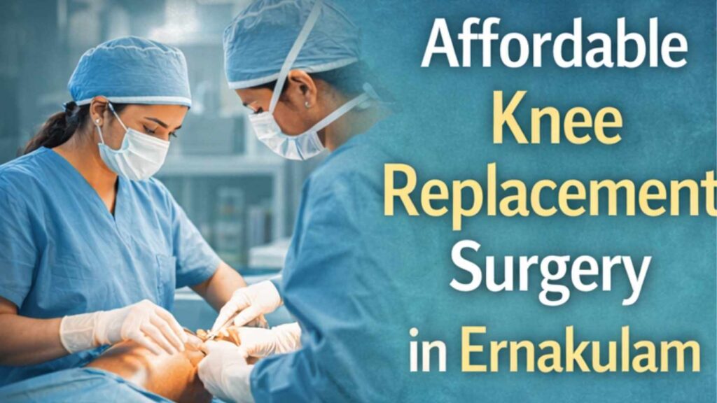 Orthopedic surgeons performing knee replacement surgery in an operating room representing affordable knee replacement surgery in Ernakulam