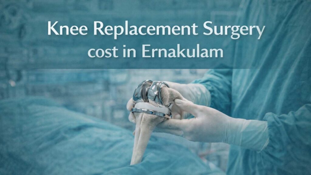 Doctor holding artificial knee joint implant representing knee replacement surgery cost in Ernakulam